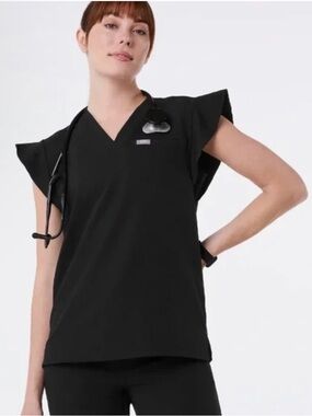FIGS Black V-Neck Scrub Flutter Sleeve Top